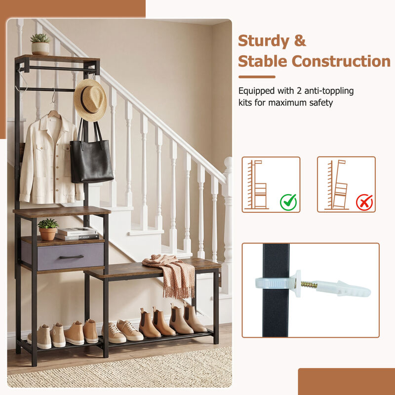 7-in-1 Entryway Organizer with Shoe Bench, Hooks and Storage Drawer image number 4