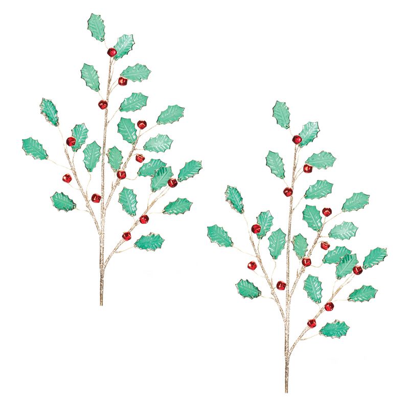 Set of 2 Holly Leaf Jewel Sprays – Sparkling Holiday Floral Picks for Wreath Making, Mantel Styling, and Christmas Craft Projects