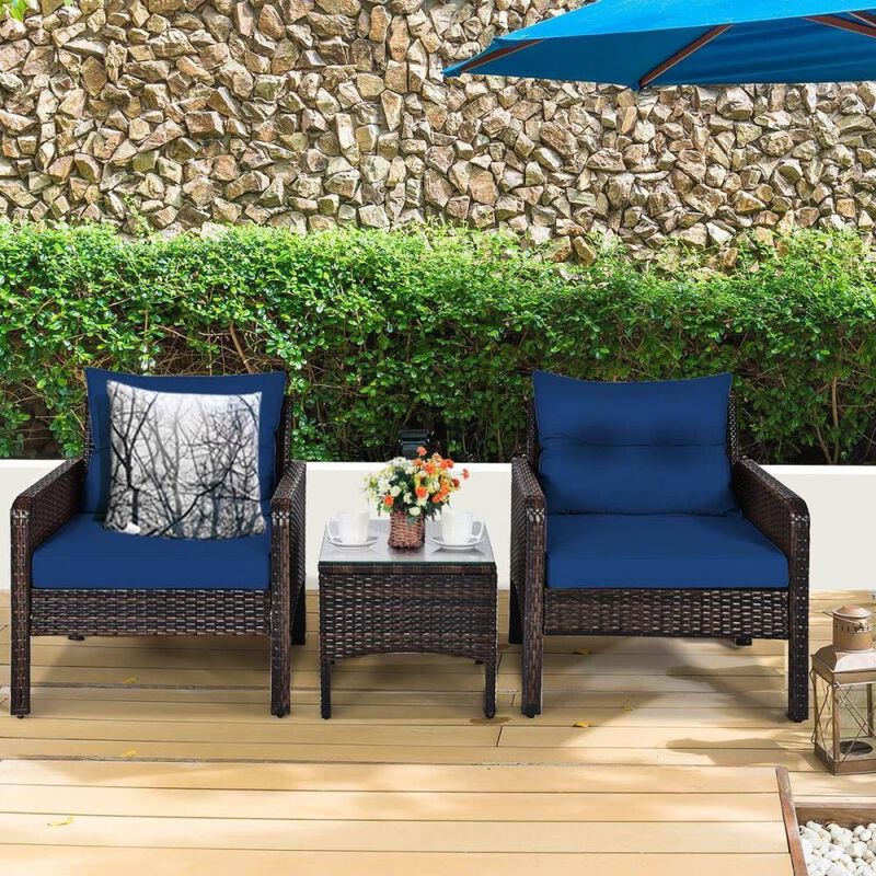 Hivvago 3-Piece Brown PE Rattan Outdoor Dining Patio Furniture Set with Blue Cushions