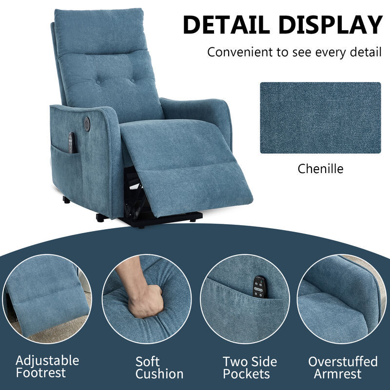 Chenille Single Motor Power Lift Recliner Chair with Heat Massage and USB Charging for Elderly