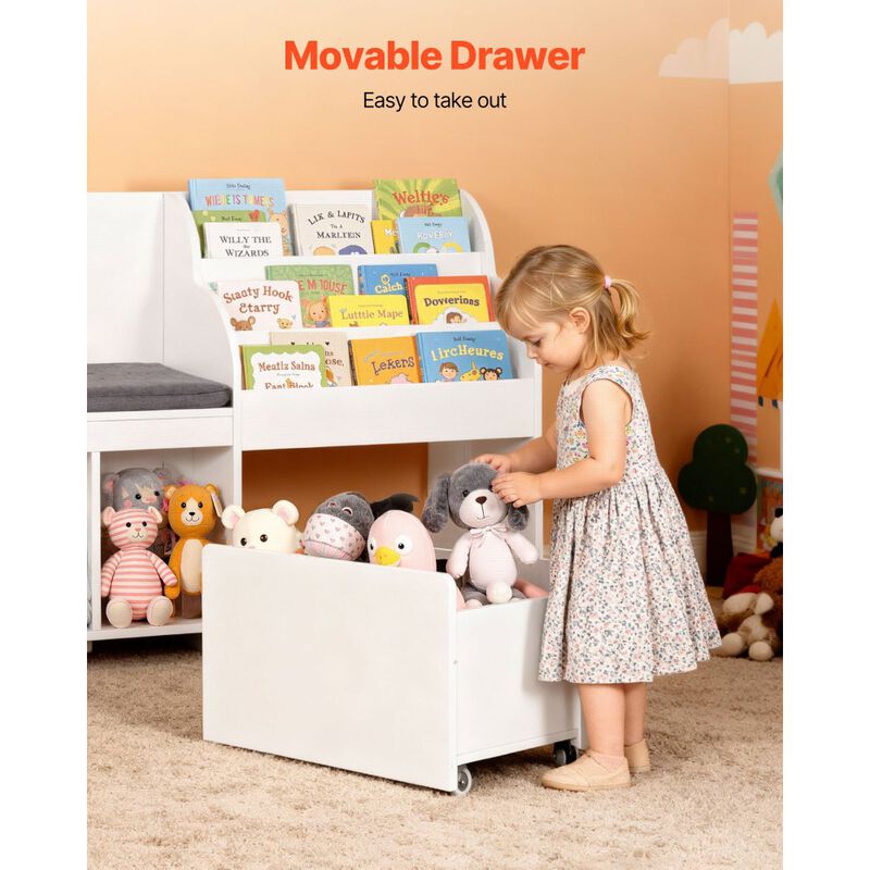 Wooden Kids Storage Bench Reading Nook with Bookshelf, Toy Box Organizer for Kids Room image number 4