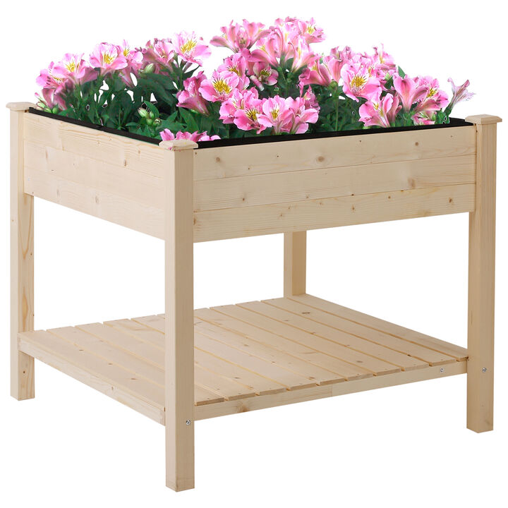 Outsunny 36'' x 36'' Raised Garden Bed with Storage Shelf, 2 Tiers Elevated Wooden Planter Box Stand for Vegetable Flower Herb, Patio, Balcony and Backyard