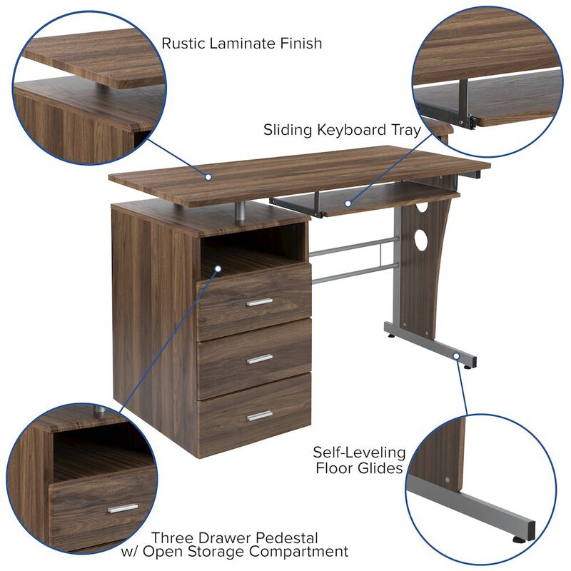 Flash Furniture Rustic Walnut Desk with Three Drawer Pedestal and Pull-Out Keyboard Tray image number 2