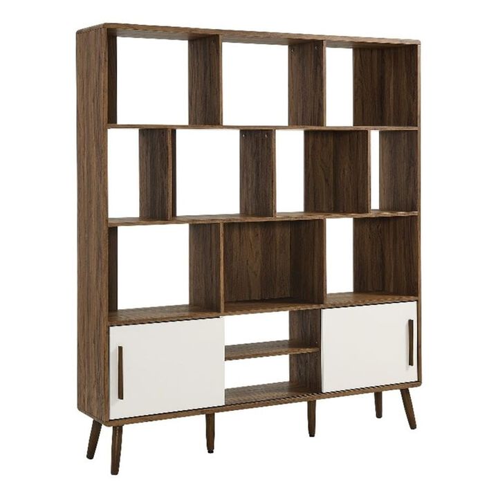 Modway Transmit 14 Shelf Bookcase with Sliding Doors in Walnut - 59 Inch Wood Mid-Century Modern Bookshelf - 4 Tier Wide Open Display Storage Cabinet for Living Room, Office, Hallway