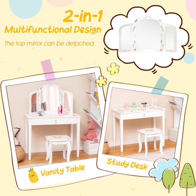 Hivvago Kids Vanity Table Set with Tri-Folding Mirror and Large Drawer