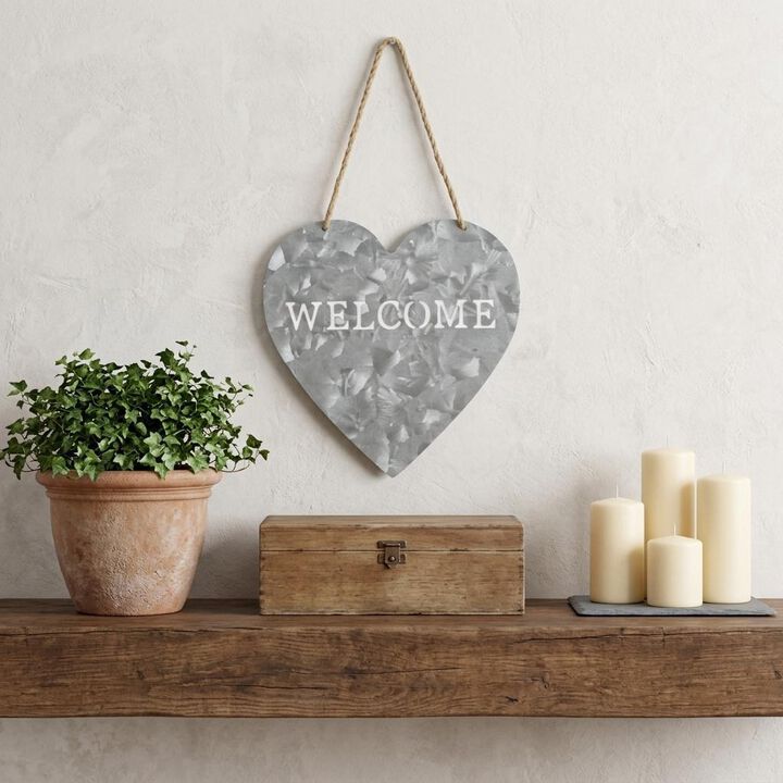 HomeRoots 10" Gray Galvanized Metal Heart Shaped Welcome Wall Decor