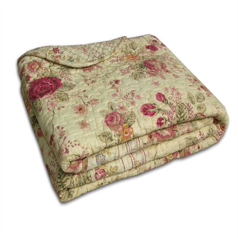 Hivvago Red Pink Gold Ecru Floral Roses Quilt Throw Blanket in 100% Cotton