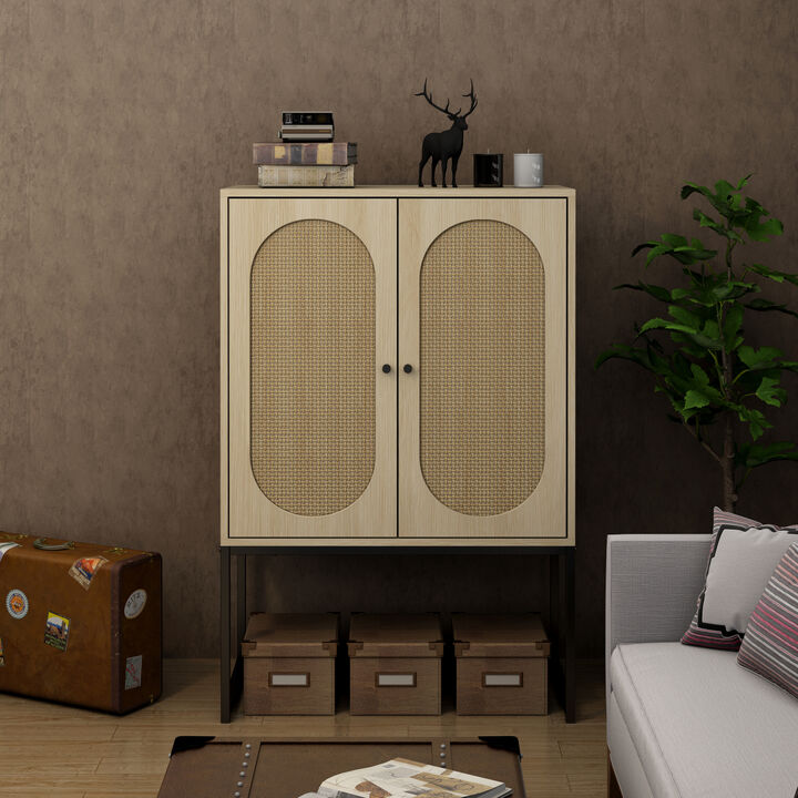 Allen 2 Door high cabinet, rattan, Built-in adjustable shelf, Easy Assembly, Free Standing Cabinet for Living Room Bedroom