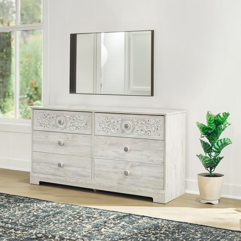 59 Inch Dresser, 6 Drawers, Medallion Design Front, Whitewashed MDF Frame