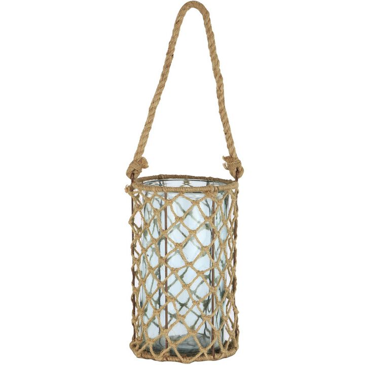 10" Decorative Teal Glass and Jute Round Pillar Candle Holder with Handle