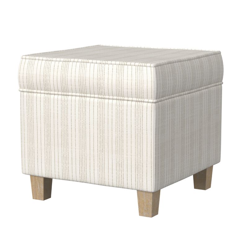 Pyp Square Storage Ottoman, 18 Inch Ivory Pinstripe Fabric, Brown Legs - Benzara