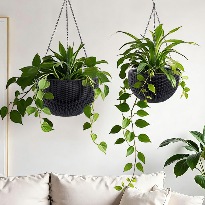 WOW PIONEER Self-Watering Hanging Rattan-Inspired Planter with Root-Rot Resistance, Large Capacity Water Storage, Water Level Indicator for Indoor & Balcony Decoration