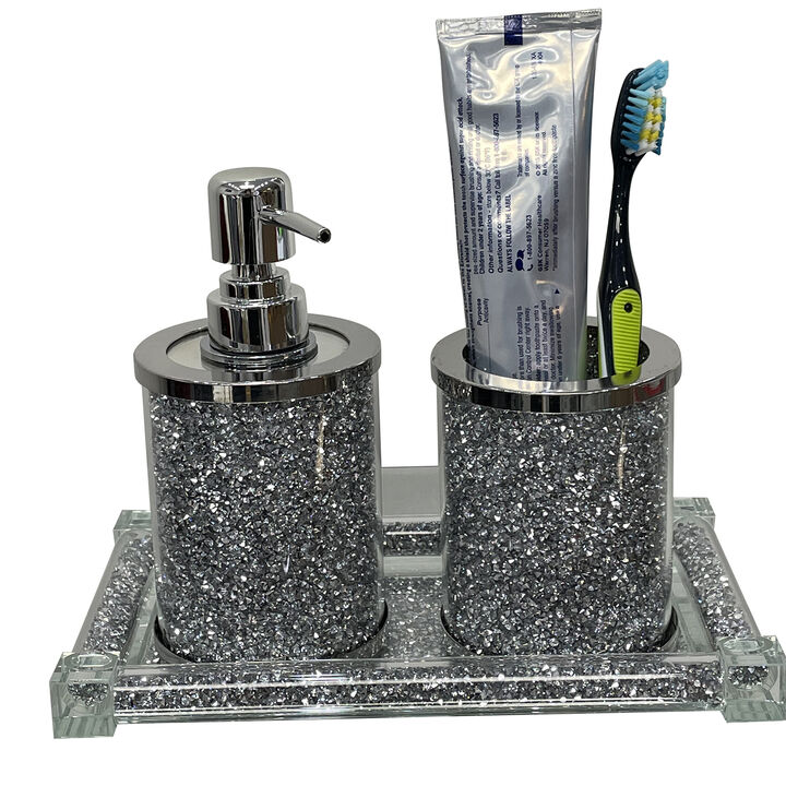 Exquisite 3 Piece Soap Dispenser and Toothbrush Holder with Tray