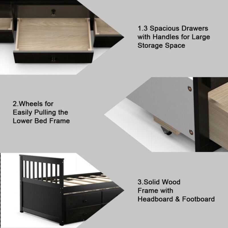 Hivvago Twin Captains Bed with Trundle and 3 Storage Drawers