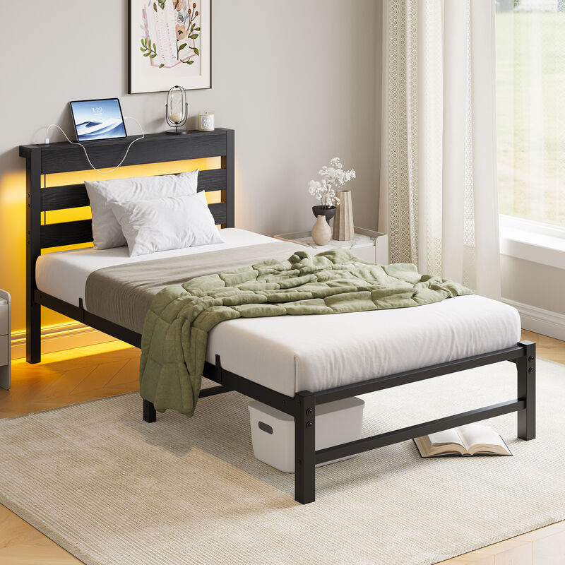 Platform Bed Frame with LED Lights & USB Charging Station, Rustic Wood Headboard, No Box Spring Needed image number 3