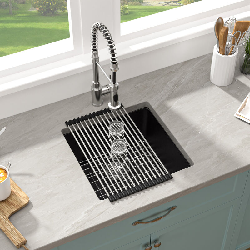 17 in. Black Quartz Composite Undermount Kitchen Sink Single Bowl Prep Bar Basin Round Corner with Bottom Grid image number 2