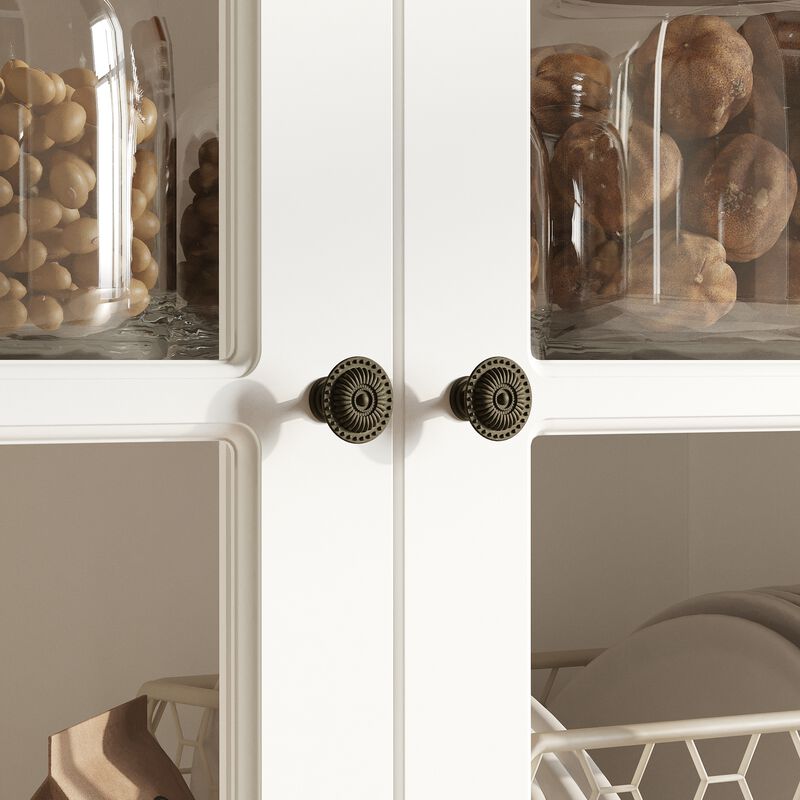 FUFU&GAGA Modern Glass-Door TV Cabinet with Vintage Metal Handles, Tempered Glass Display, and Solid Wood Feet, Water-Based Paint Finish, (125.2 in. W x 15.7 in. D x 76 in. H), White