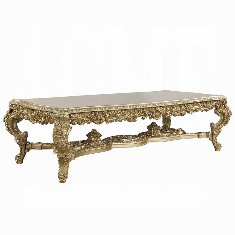 Rexx Dining Table, Classic Carved Gold Wood, 111 Inch Rectangular Top - Benzara