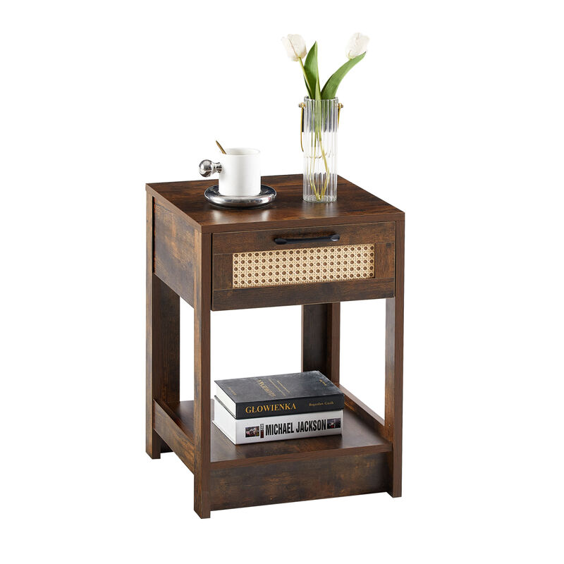 Rattan End Table with Drawer, Modern Nightstand, Side Table for Living Room, Bedroom, Rustic Brown image number 4