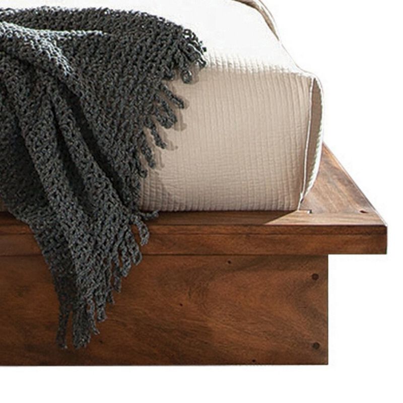 Zeko King Size Platform Plinth Bed with Natural Edge, Walnut Brown Wood - Benzara