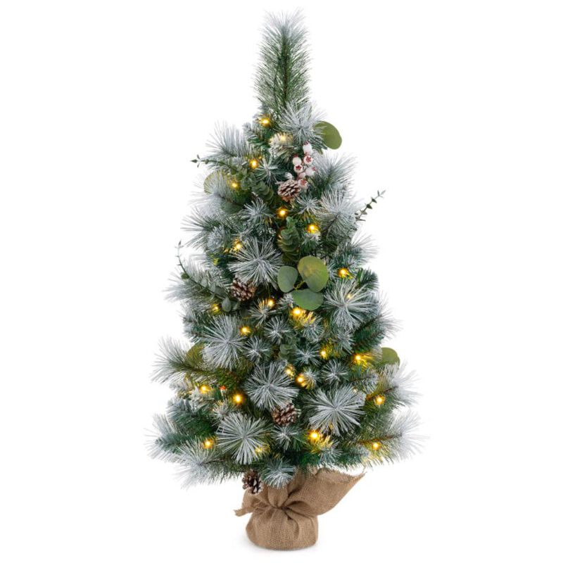 Hivvago 3 FT Pre-Lit Artificial Mini Christmas Tree with 98 Flocked PVC and Pine Needles