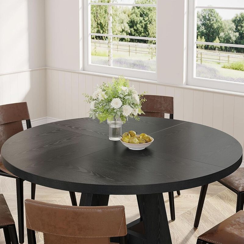 ShipItFurniture 47-inch Round Wood Dining Table, Farmhouse Patchwork Top, Black Cross Base image number 3