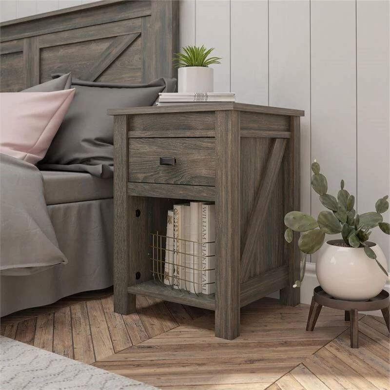 QuikFurn Farmhouse 1-Drawer Bedroom Nightstand with Open Shelf image number 2