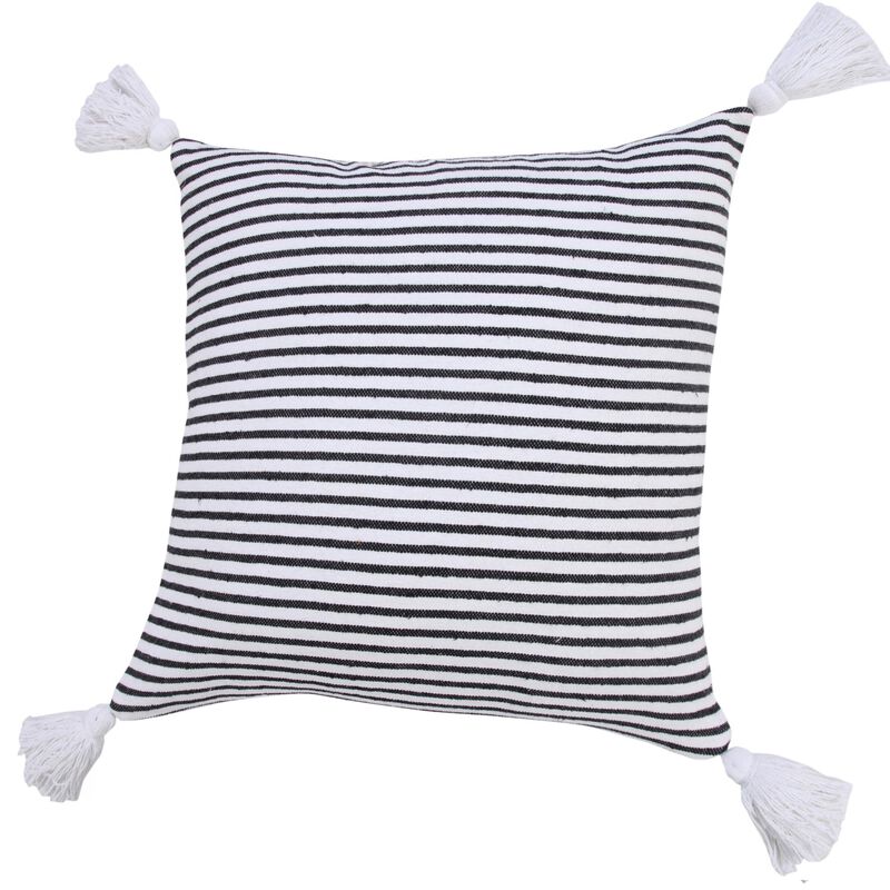 HomeRoots 20" Black And White Striped Cotton Throw Pillow Cover with Tassels image number 4