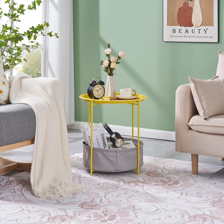 VECELO Round Side/End Table with Fabric Storage Basket