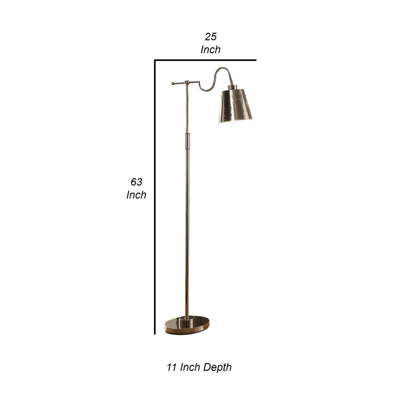 63 Inch Floor Lamp, Cone Metal Shade, Round Base, Silver Finish-Benzara