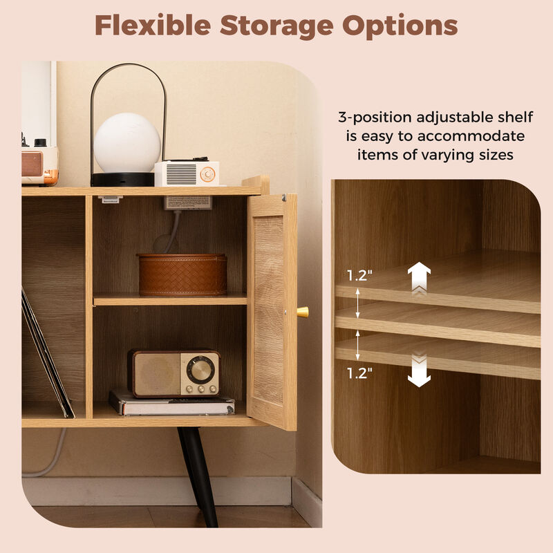 Record Player Stand with Rattan Cabinet and Charging Station for Living Room-Natural image number 6