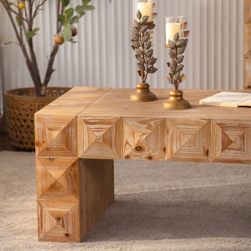 47.24"Rustic Geometric Relief Coffee Table-Rectangle Coffee Table with 3D Carved Details image number 4