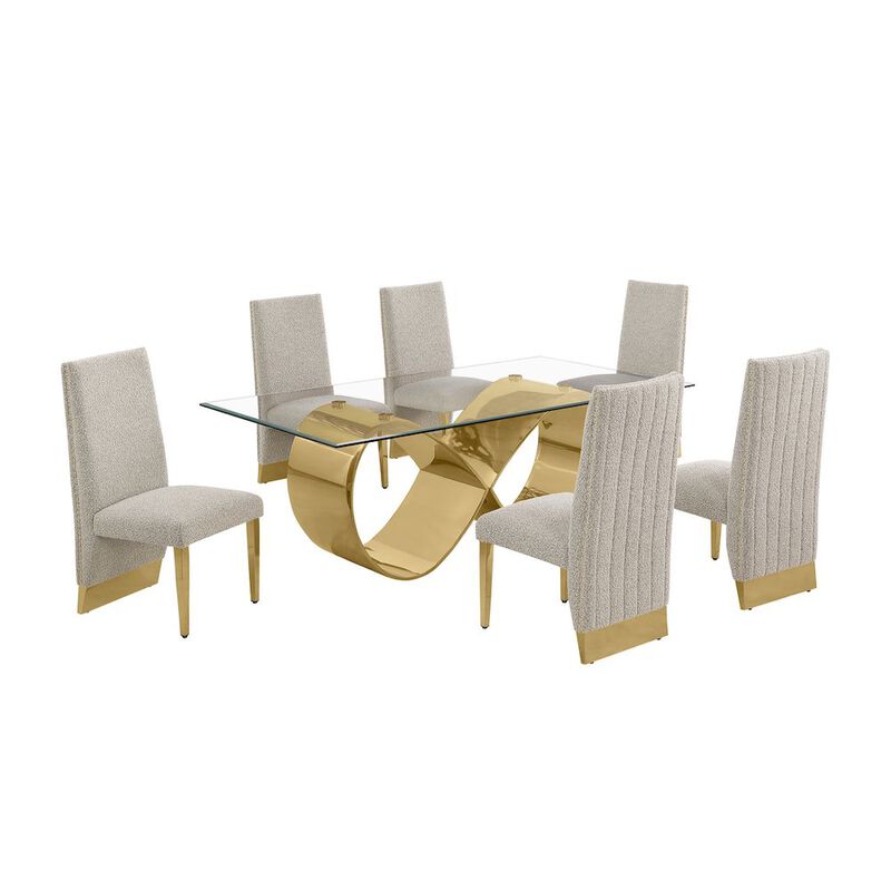 Best Quality Furniture 7Pc Tempered Glass Dining Set With 6 Gray Boucle Side Chairs And A Gold Base