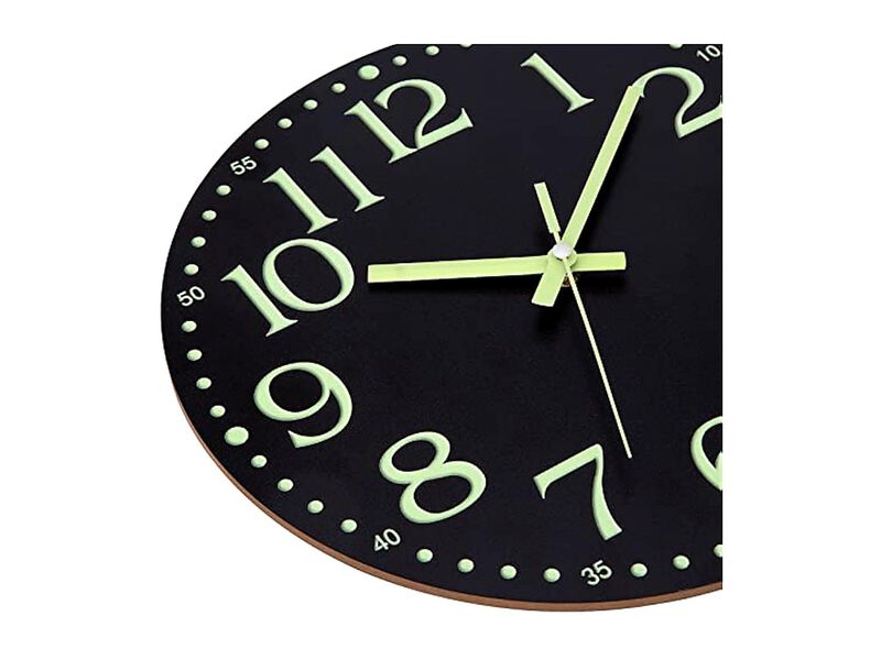 Glow In The Dark Black Wood Luminous Wall Clock 12 Inch Silent Non Ticking image number 3