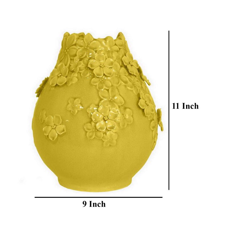 Remi Flower Vase, Decorative Yellow Ceramic w Floral Motifs, 11 Inch - Benzara