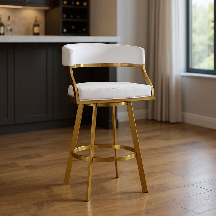 HomeRoots 30" White and Gold Faux Leather and Stainless Steel Low Back Bar Height Swivel Bar Chair