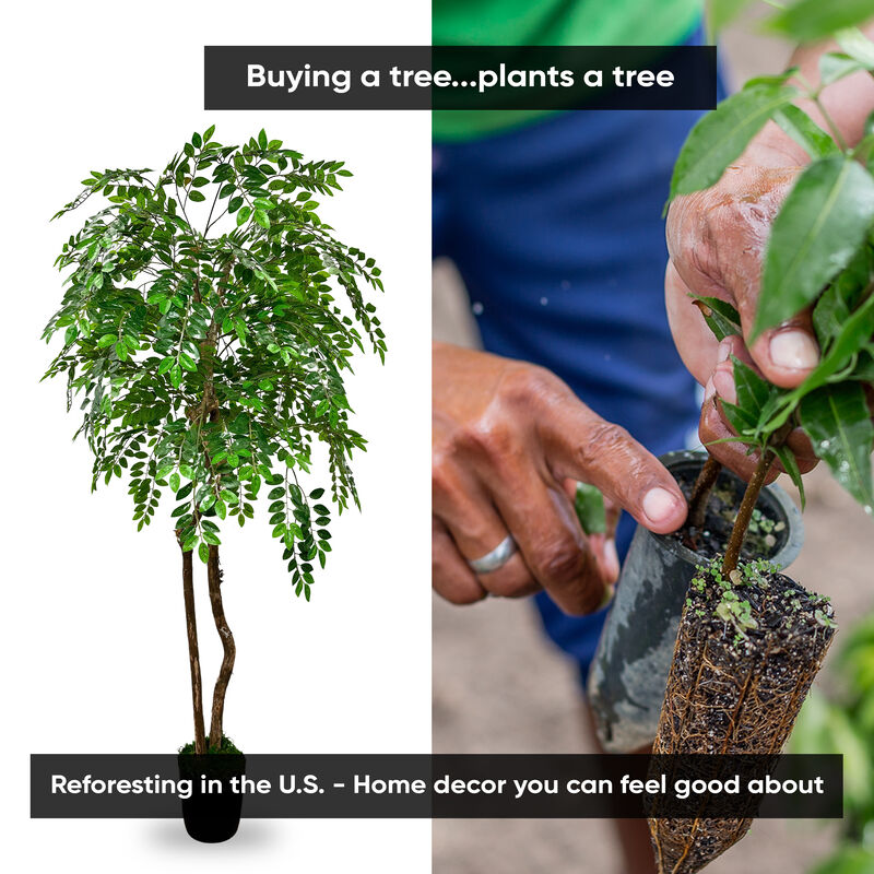 Handmade 6' Artificial Wisteria Tree In Home Basics Plastic Pot Made with Real Wood and Moss Accents