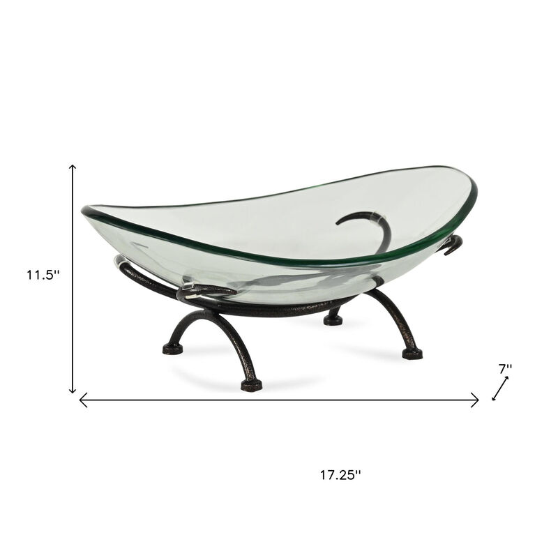 HomeRoots 17" Clear And Black Glass And Metal Oval Decorative Bowl With Stand image number 6