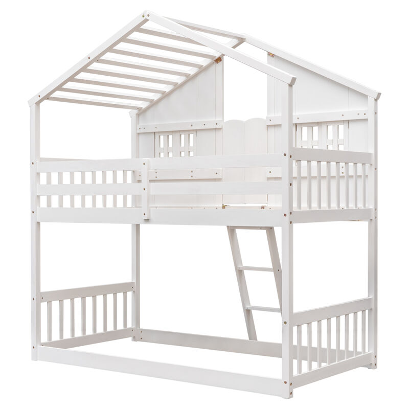Whisen Twin over Twin House Bunk Bed with Roof, Window, Window Box, Door, with Safety Guardrails and Ladder - White