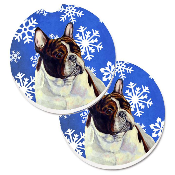 Caroline's Treasures French Bulldog Winter Snowflakes Holiday Set of 2 Cup Holder Car Coasters LH9292CARC, 2.56, Multicolor