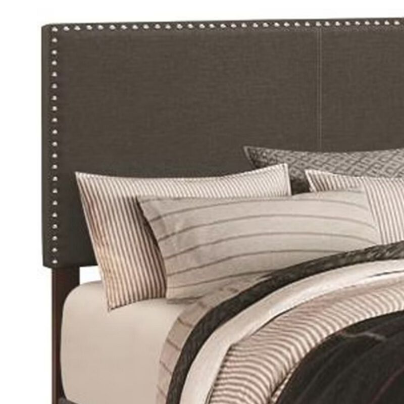 Fabric Upholstered Queen Size Platform Bed with Nail Head Trim, Charcoal Gray-Benzara image number 1