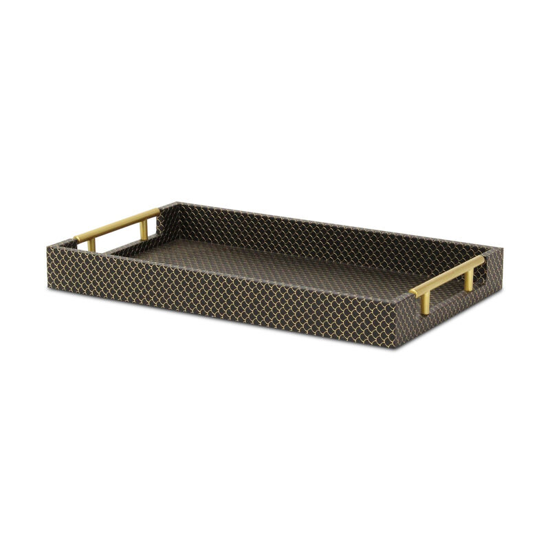 HomeRoots 16" Black And Gold Geometric Print Handmade Serving Tray image number 0