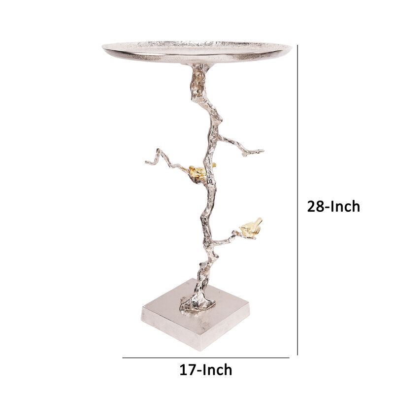 28 Inch Accent Table, Artful Branch Like Frame, Gold Bird Accents, Silver - Benzara