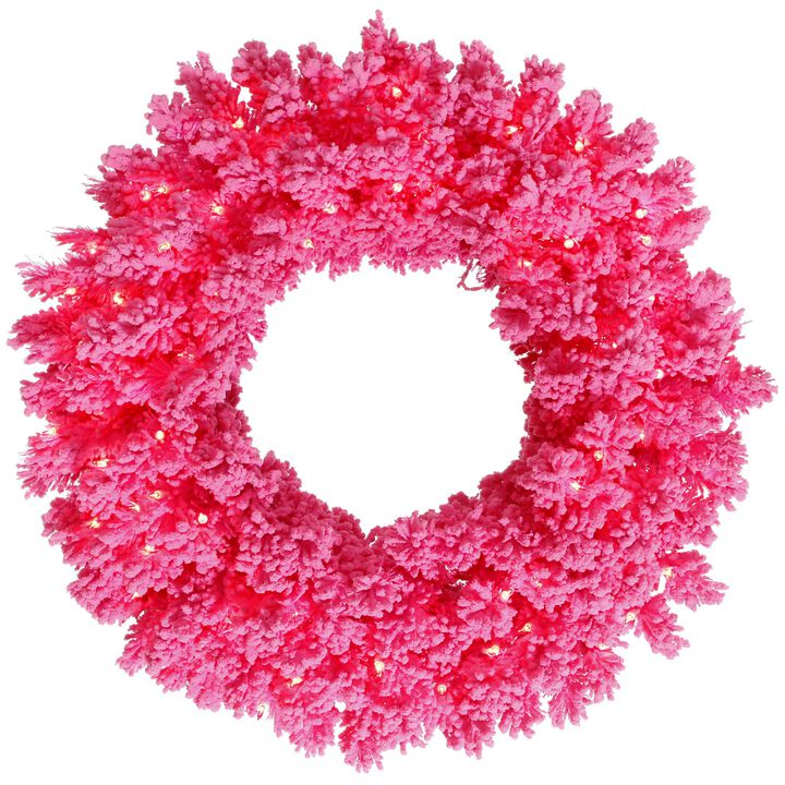 Vickerman 36" Flocked Pink Fir Artificial Christmas Wreath, Pink Dura-Lit LED Lights. - Faux Fir Christmas Wreath - Indoor Seasonal Home Decor
