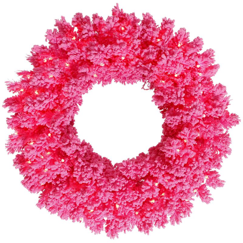 Vickerman 36" Flocked Pink Fir Artificial Christmas Wreath, Pink Dura-Lit LED Lights. - Faux Fir Christmas Wreath - Indoor Seasonal Home Decor image number 0