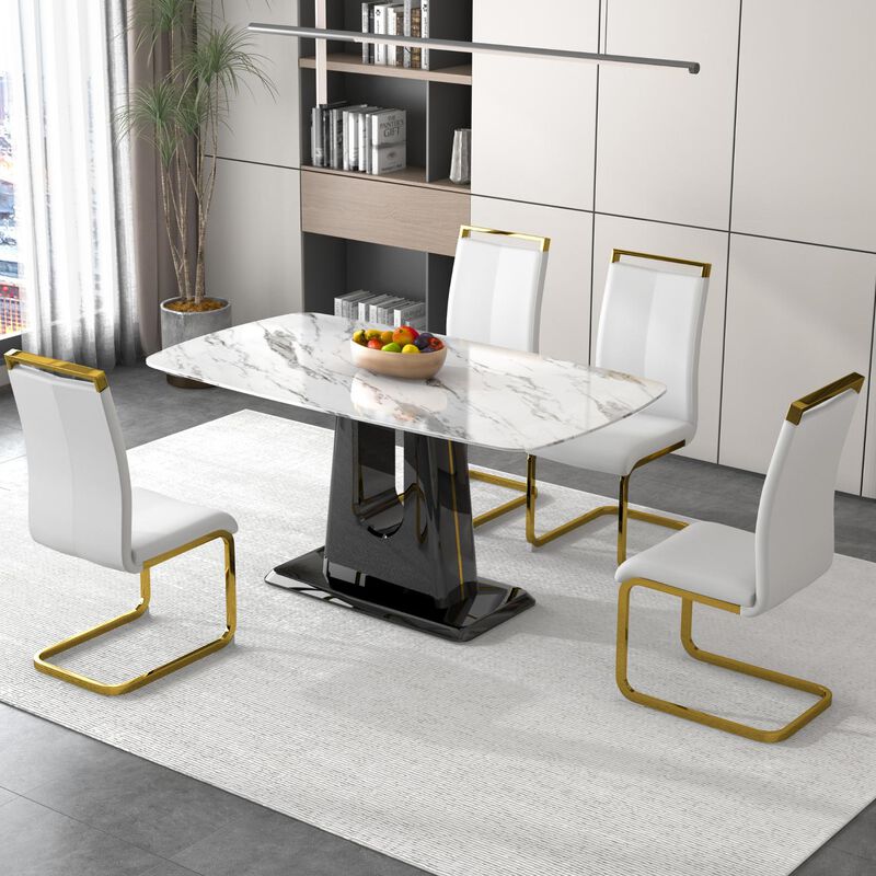 Hivvago Rectangular Marble Designed Table and Gold Plated  Dining Chair Set 4 Seater