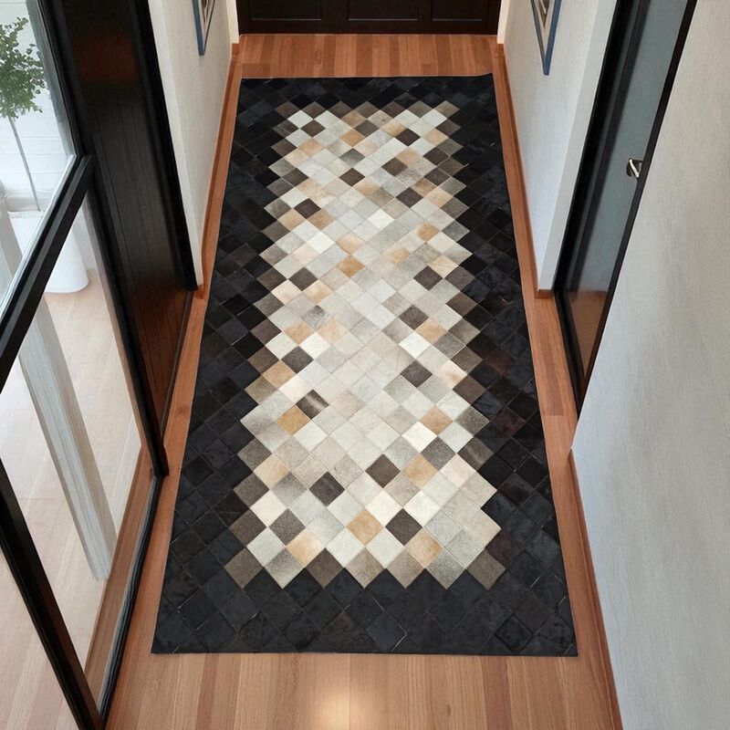Black Border Cowhide Rug, Diamond Pattern Patchwork Leather Carpet, Natural Cowhide Area Rug, Handmade Rectangular Cowhide Runner image number 3
