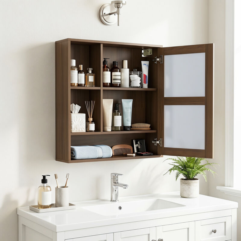 Bathroom Wall Mirror Cabinet with 2 Hidden Shelves and 3 Open Cubbies image number 1
