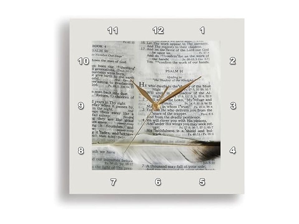 Photograph Bible Open Psalm Marked Feather Wall Clock 13 Inch Home Decor