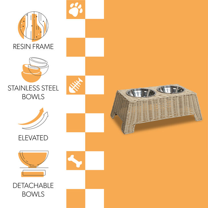 Serenity 6.9" Elevated Wicker Pet Feeder with 18oz (2.2 Cups) 2-Stainless Steel Bowls
